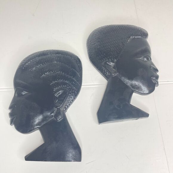African Wall Art Carved Wood Painted‎ Black 7"x4" Ethnic Tribal Sculpture Busts - Picture 3 of 9